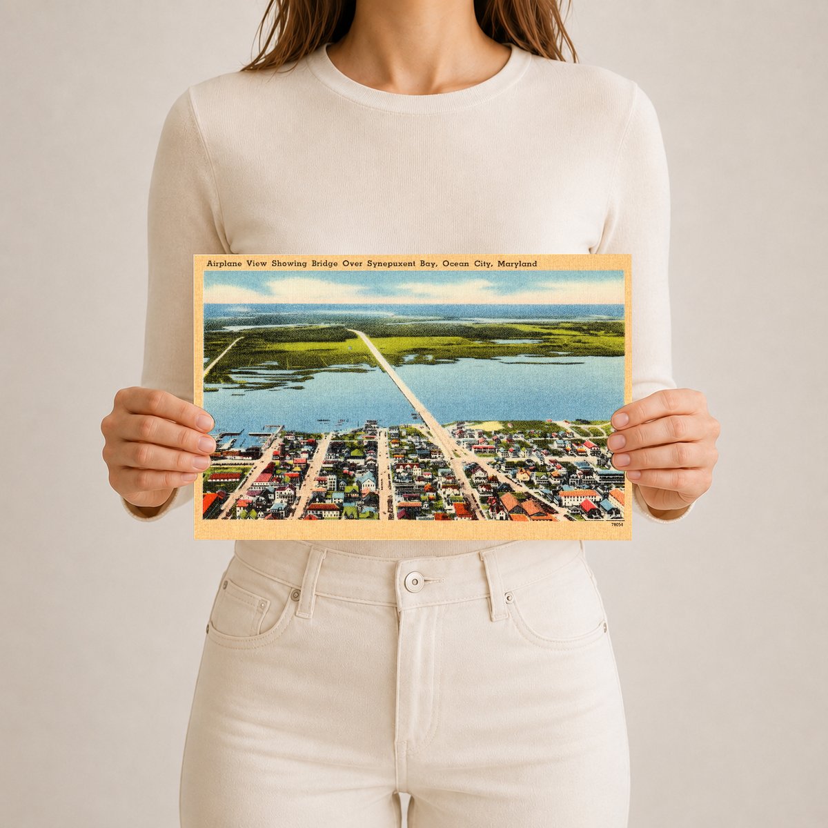 Airplane view showing bridge over Synepuxent Bay, Ocean City, Maryland — Vintage Maryland Postcard