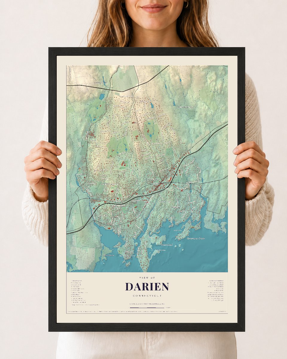 Darien, Connecticut map print, 12 x 18 in black wood frame