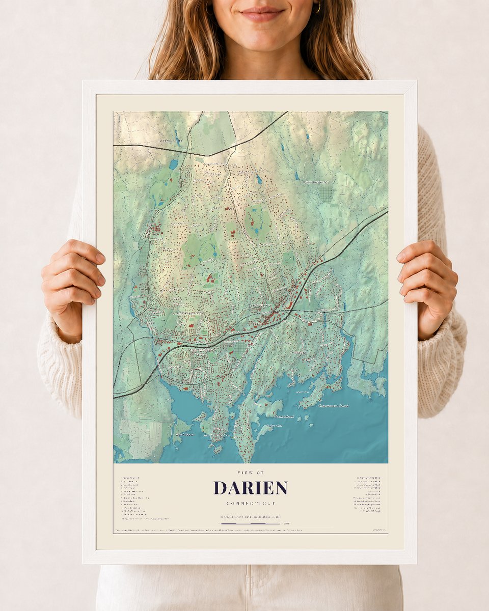 Darien, Connecticut map print, 12 x 18 in white wood frame
