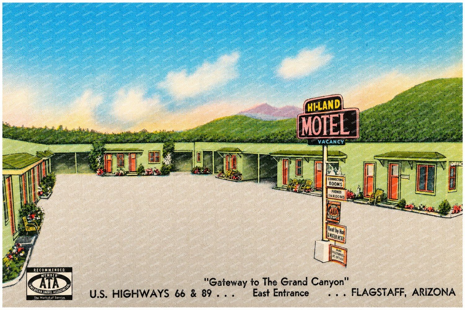 Flagstaff, AZ: Hi-Land Motel, "Gateways to the Grand Canyon," U.S. highways 66 & 89- east entrance- Flagstaff