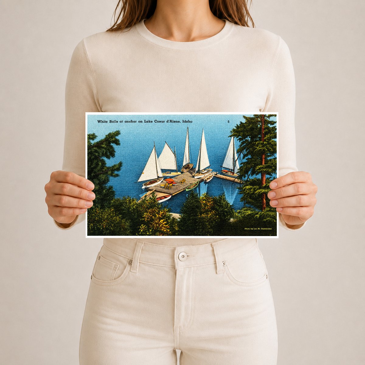 Coeur d'Alene Lake, ID: White sails at anchor on Lake Coeur d'Alene