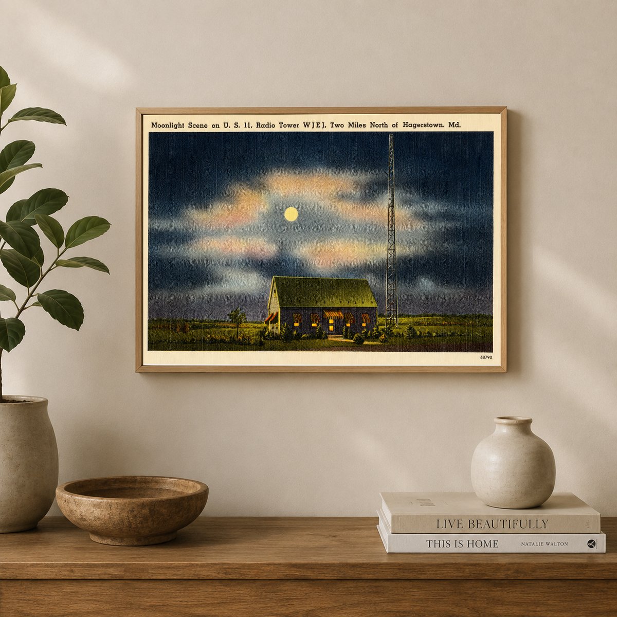 Moonlight scene on U.S. 11, radio tower W J E J. Two miles north of Hagerstown, MD — Vintage Maryland Postcard