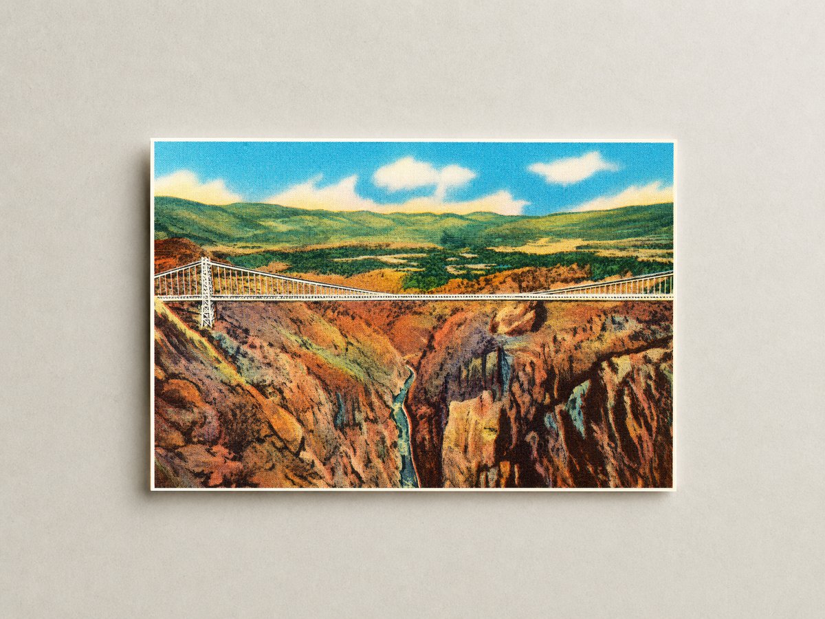 Royal Gorge, CO: Panorama of the Royal Gorge and the world's highest suspension bridge from South Rim Observation Pavilion.