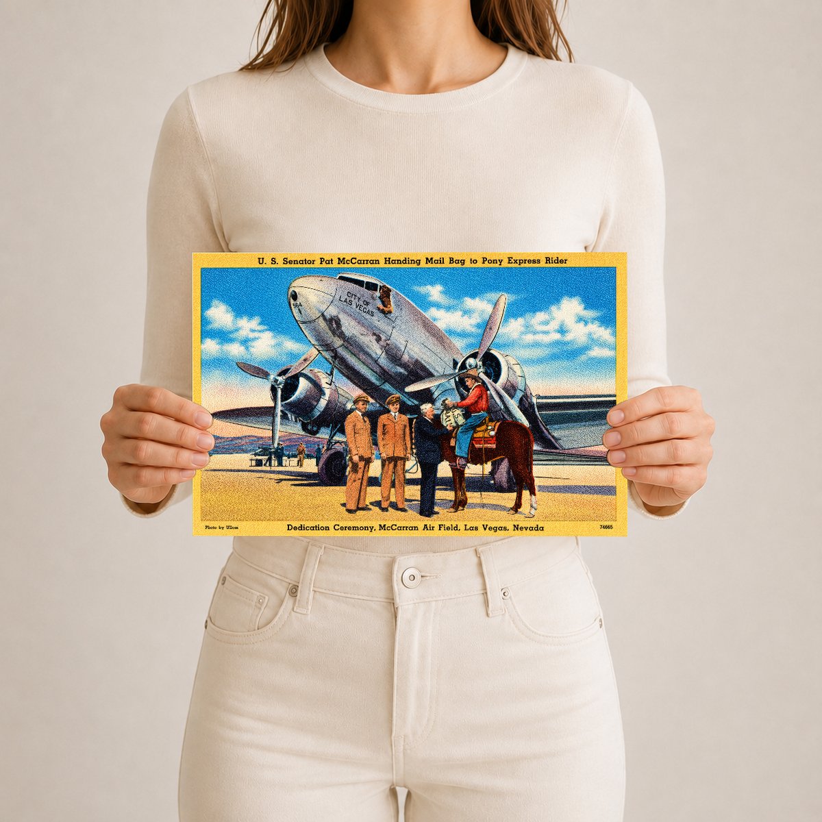 Las Vegas, NV: U.S. Senator Pat McCarran handing mail bag to Pony Express rider, Dedication Ceremony, McCarran Air Field