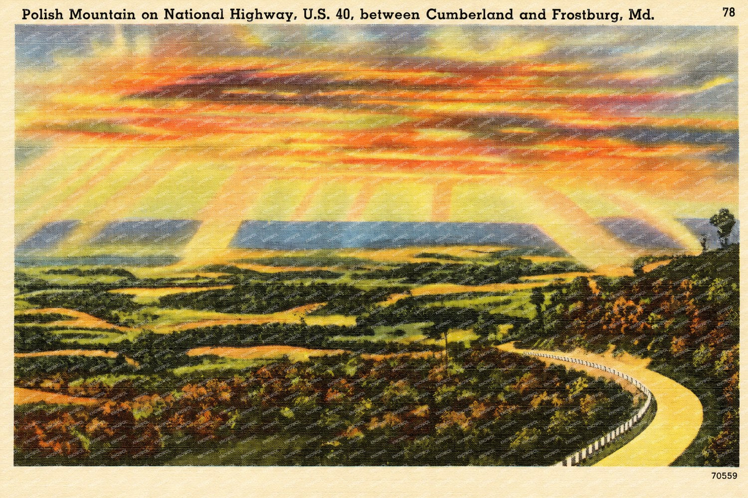 Polish Mountain on National Highway, U. S. 40, between Cumberland and Frostburg, MD — Vintage Maryland Postcard
