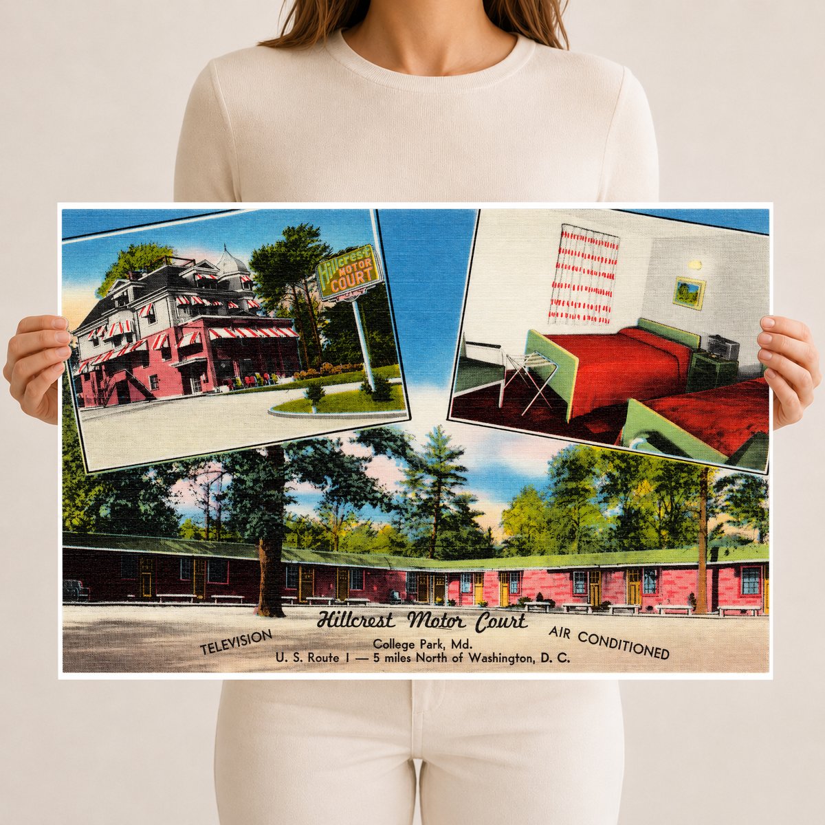Hillcrest Motor Court, College Park, MD, U. S. Route 1 -- 5 miles north of Washington, D. C. — Vintage Maryland Postcard