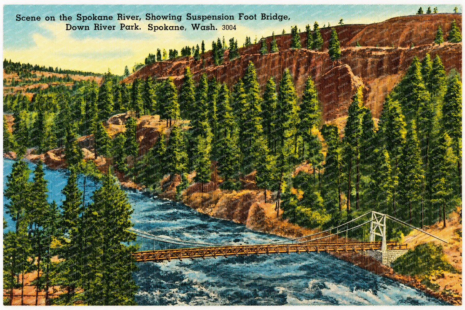 Spokane, WA: Scene on the Spokane River, showing suspension foot bridge, Down River Park