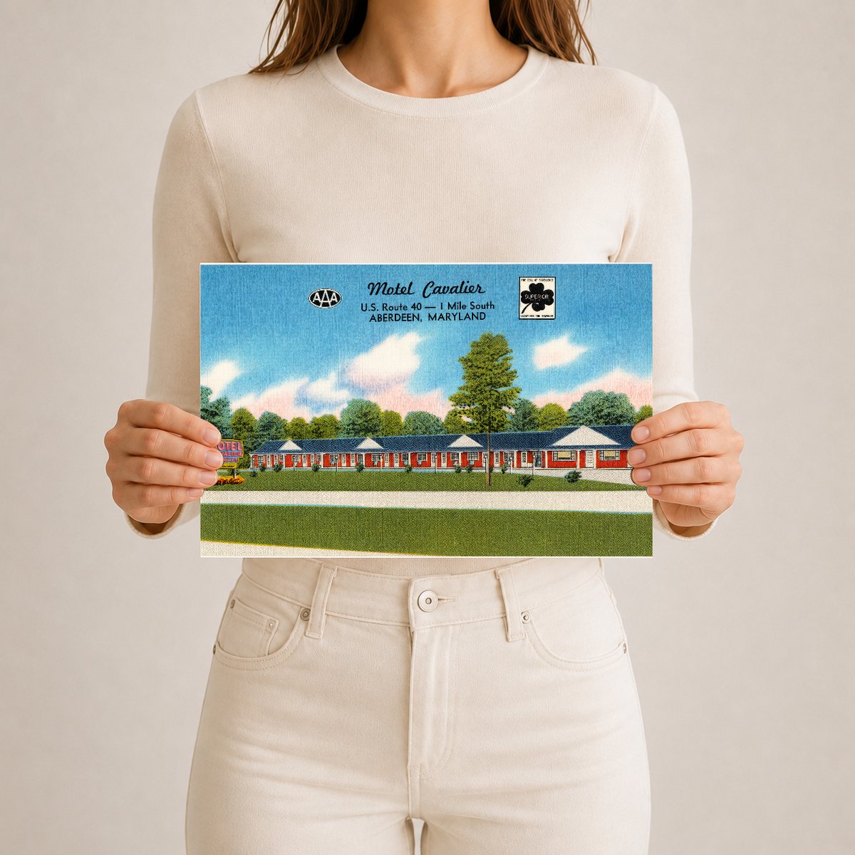 Motel Cavalier, U. S. Route 40 -- 1 mile south, Aberdeen, Maryland — Vintage Maryland Postcard