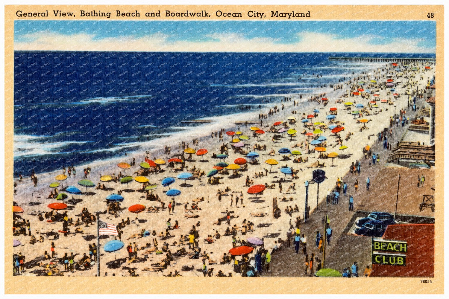 General view, Bathing Beach and boardwalk, Ocean City, Maryland — Vintage Maryland Postcard