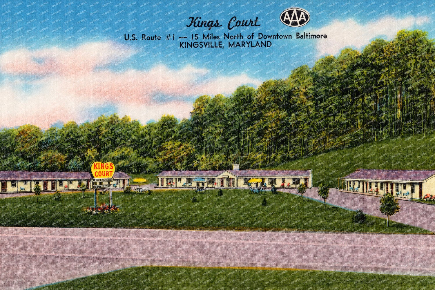 King's Court, U. S. Route #1 -- 15 miles north of Downtown Baltimore, Kingsville, Maryland — Vintage Maryland Postcard