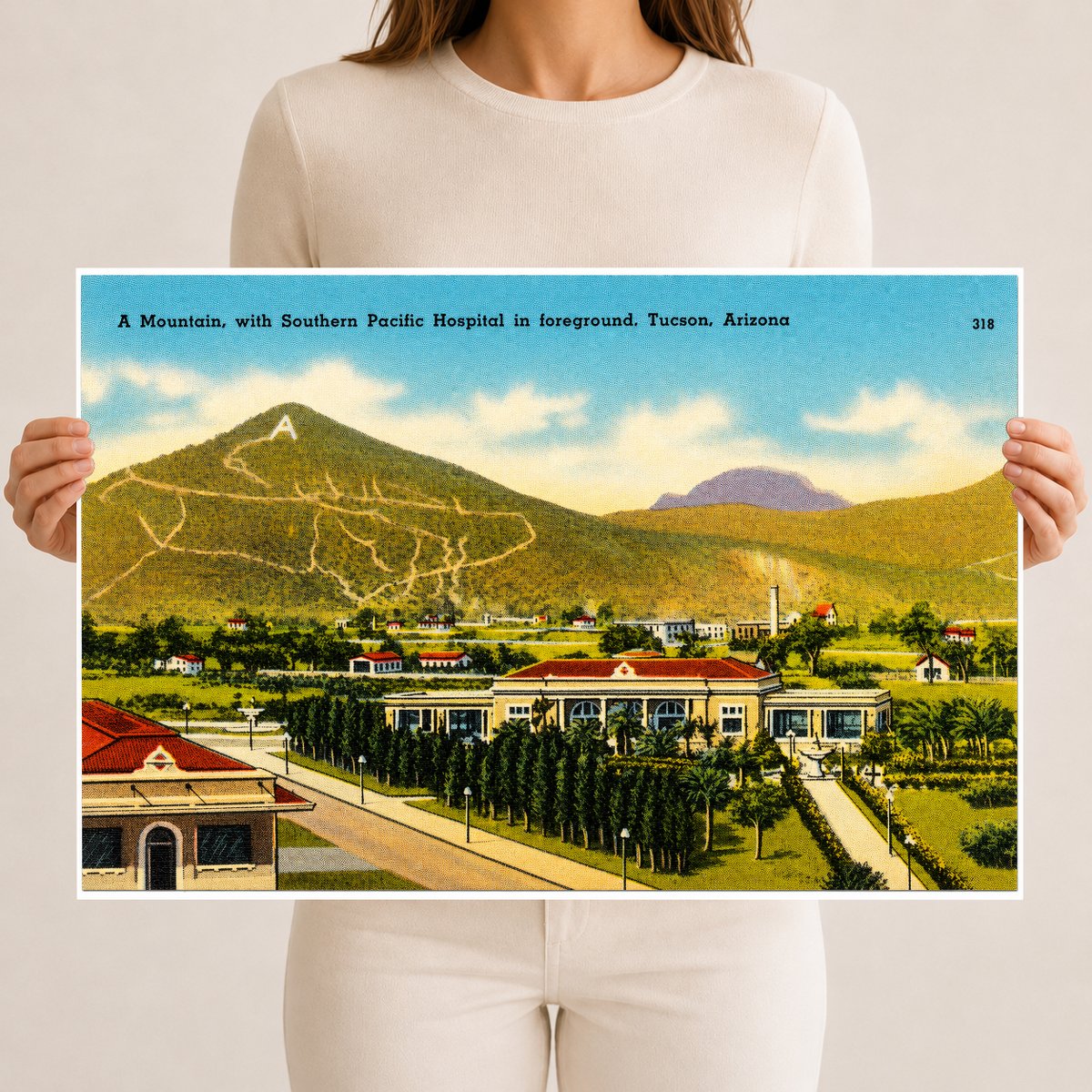 Tucson, AZ: A mountain with Southern Pacific Hospital in fore ground