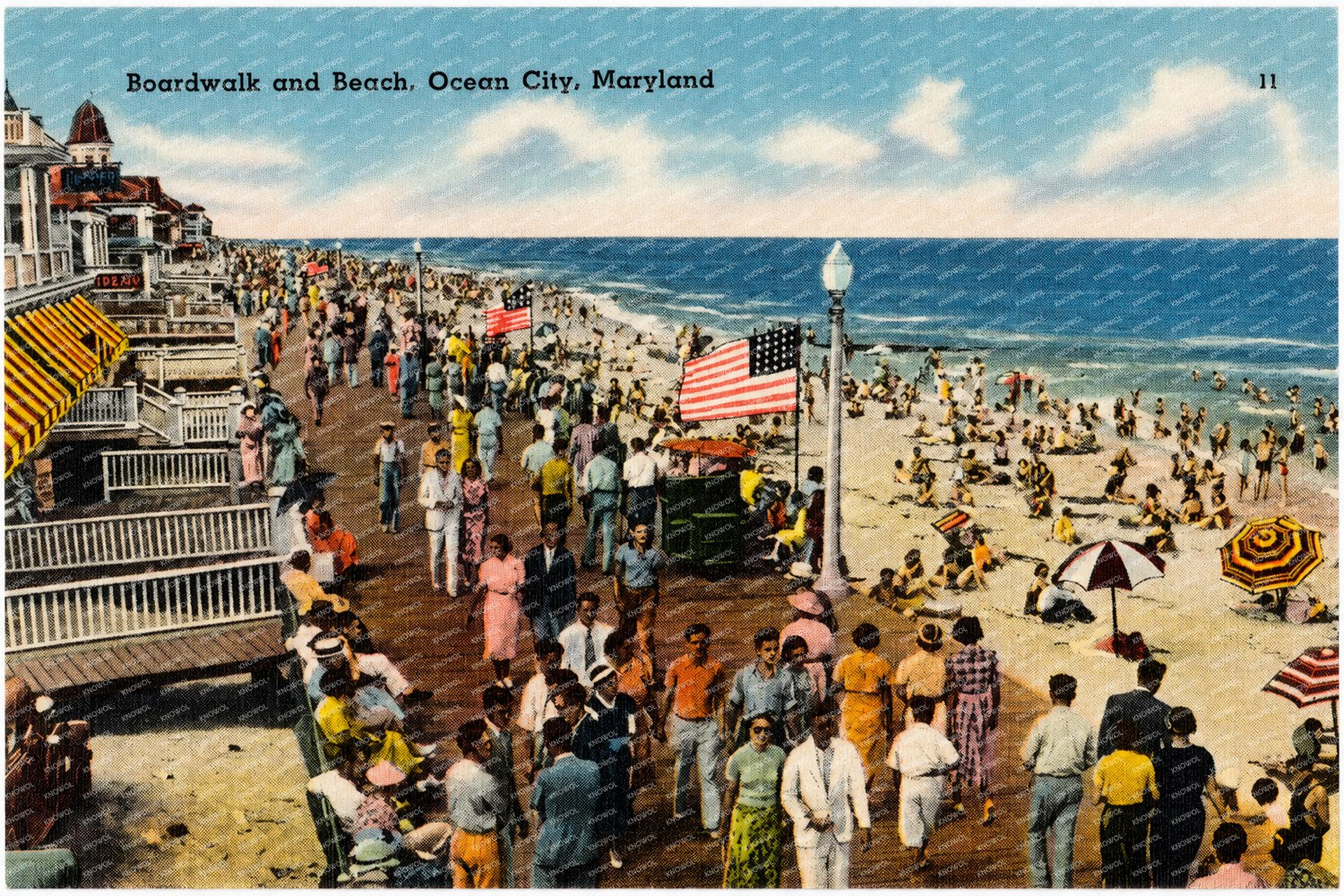 Boardwalk and beach, Ocean City, Maryland — Vintage Maryland Postcard
