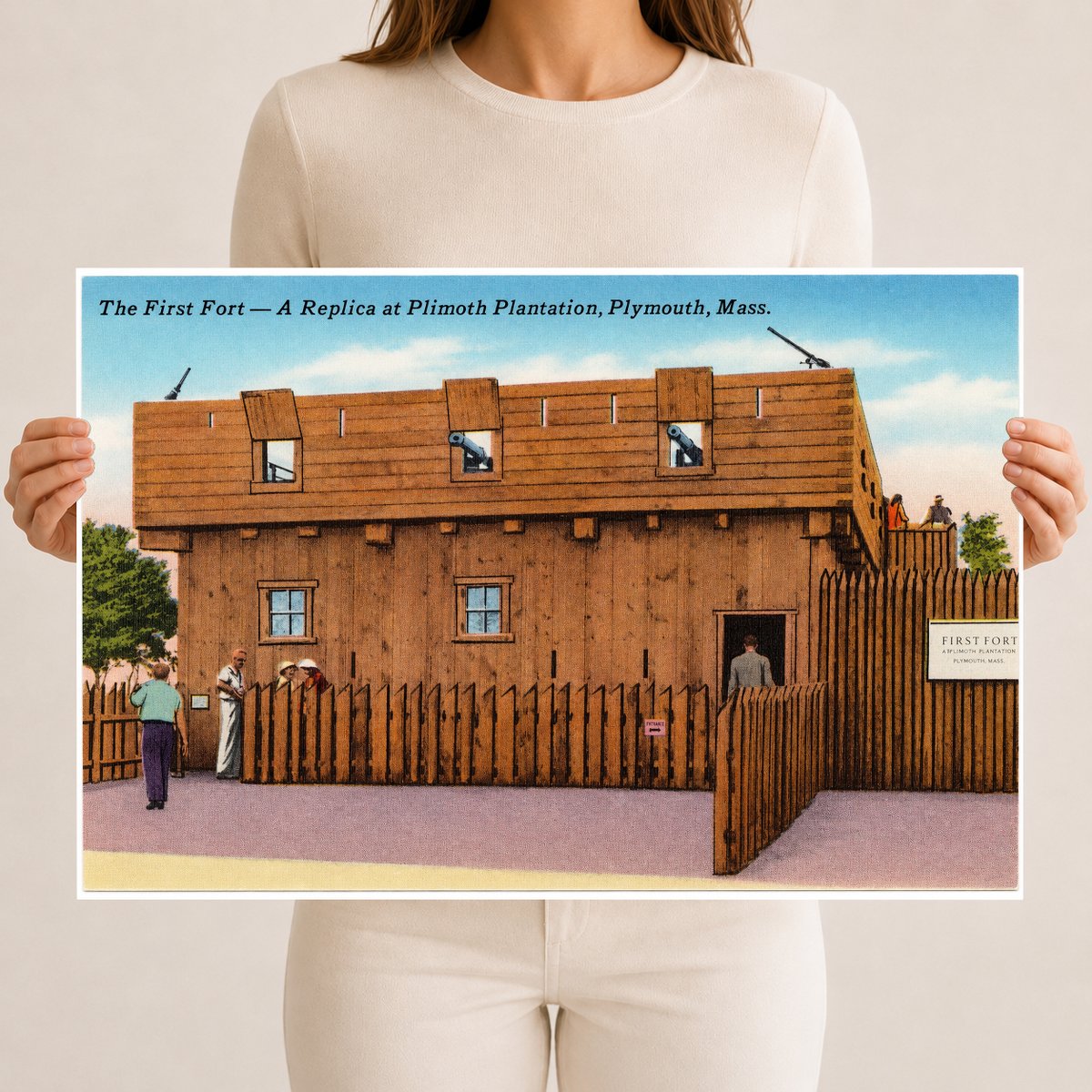 The first fort -- a replica at Plimoth Plantation, Plymouth, Mass. — Vintage Maryland Postcard