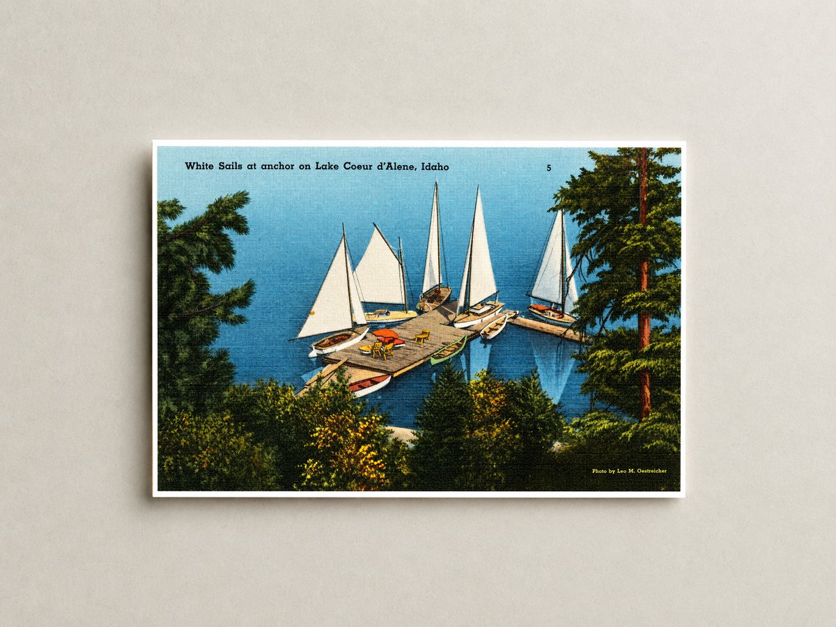 Coeur d'Alene Lake, ID: White sails at anchor on Lake Coeur d'Alene