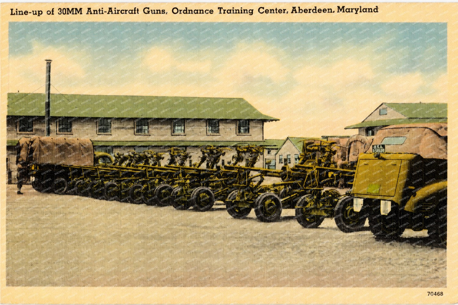Line-up of 30MM Anti-Aircraft Guns, Ordnance Training Center, Aberdeen, Maryland — Vintage Maryland Postcard