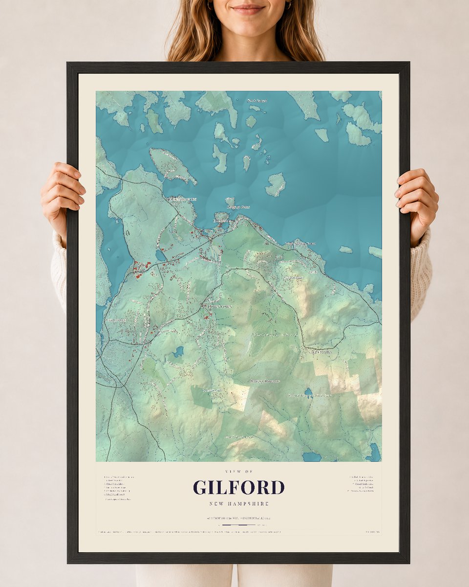 Gilford, New Hampshire map print, 24 x 36 in black wood frame