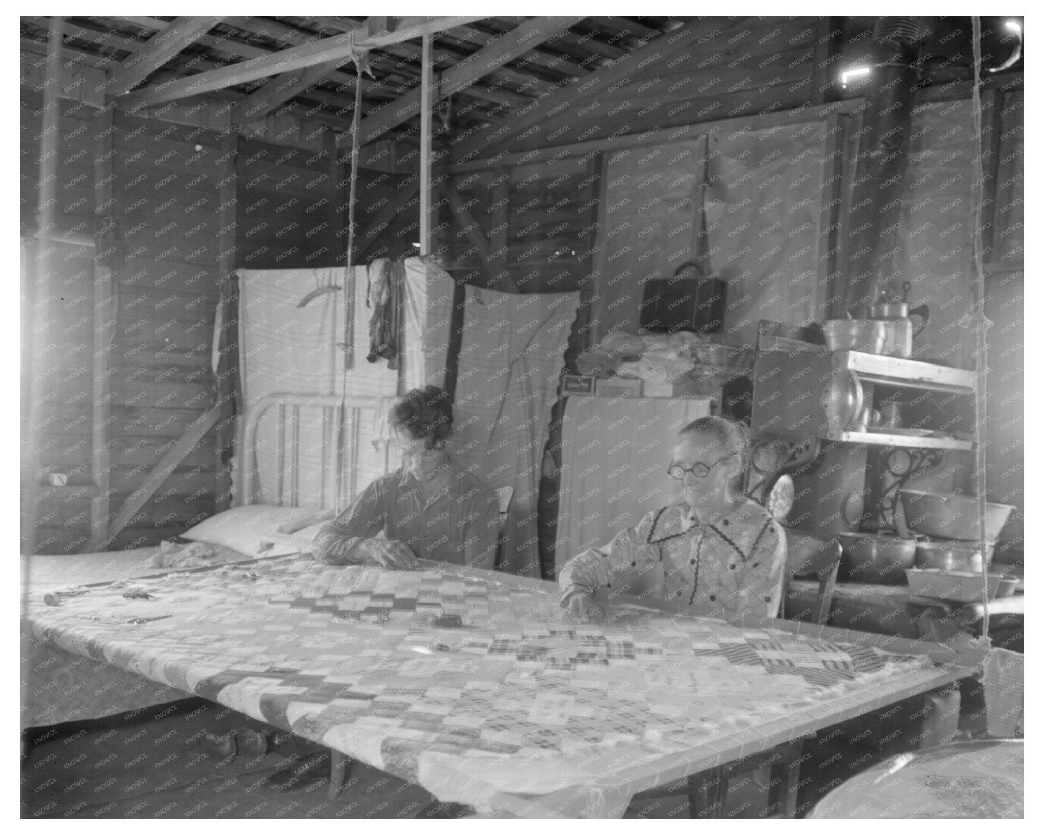 Grandmother and Grandson Quilting in Kern County California February 1936 Vintage Photo - Available at KNOWOL