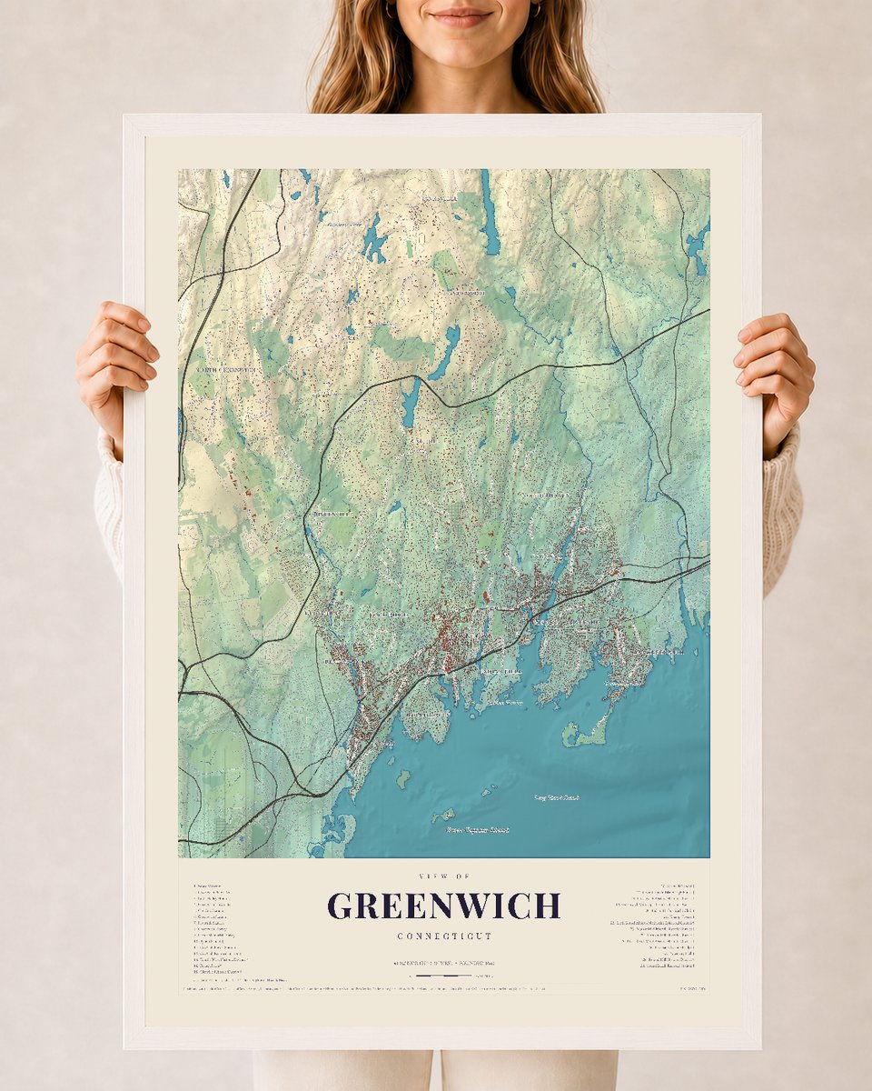 Greenwich, Connecticut map print, 24 x 36 in white wood frame