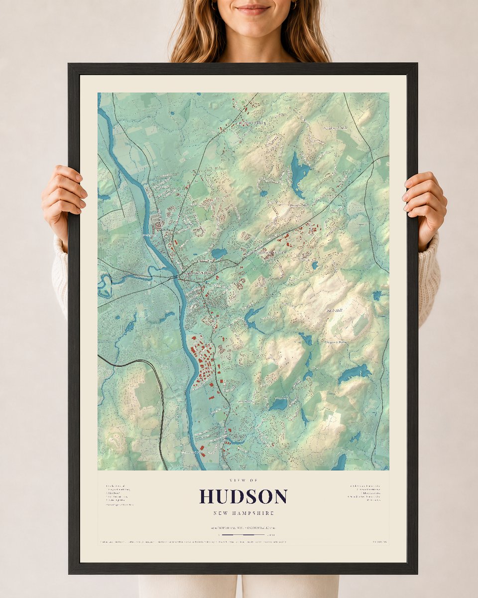 Hudson, New Hampshire map print, 24 x 36 in black wood frame