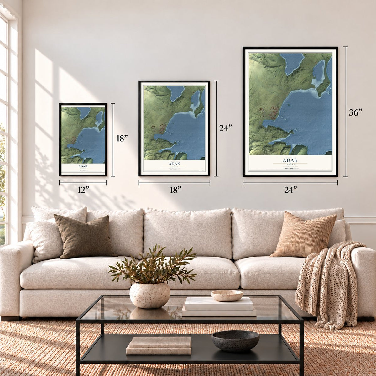 Adak, Alaska map in 12 x 18, 18 x 24 and 24 x 36 inch sizes above a sofa
