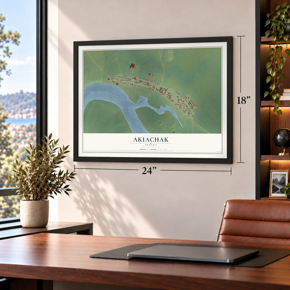 Akiachak, Alaska map, 18 x 24 inch print in a black frame in a home office