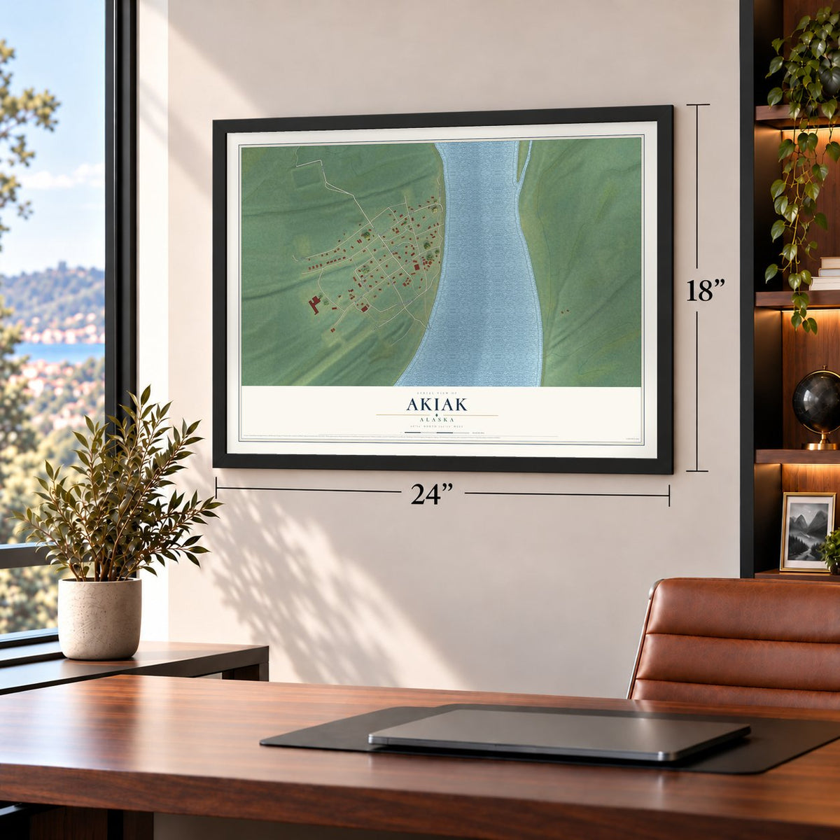 Akiak, Alaska map, 18 x 24 inch print in a black frame in a home office