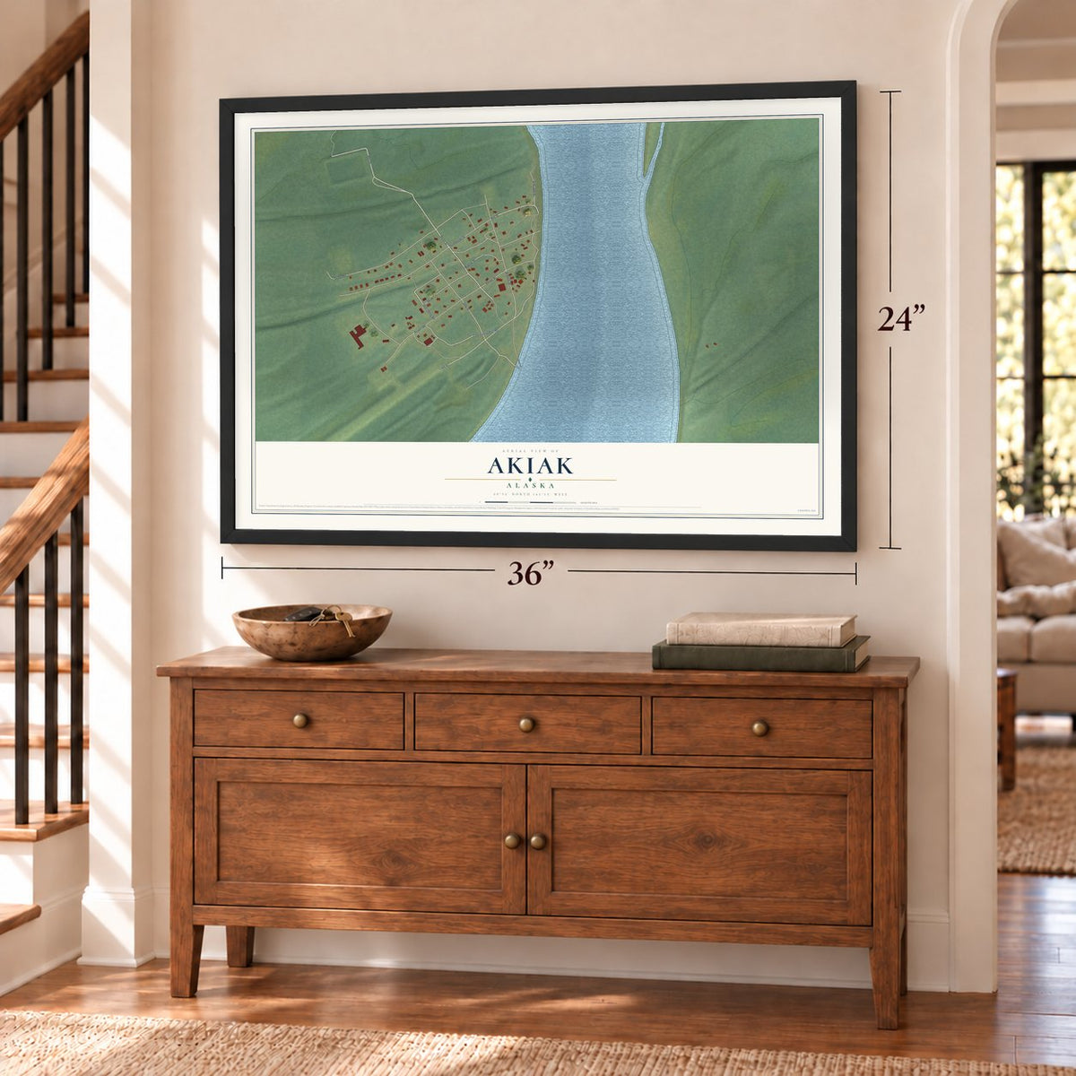 Akiak, Alaska map, 24 x 36 inch print in a black frame above a dresser by a staircase