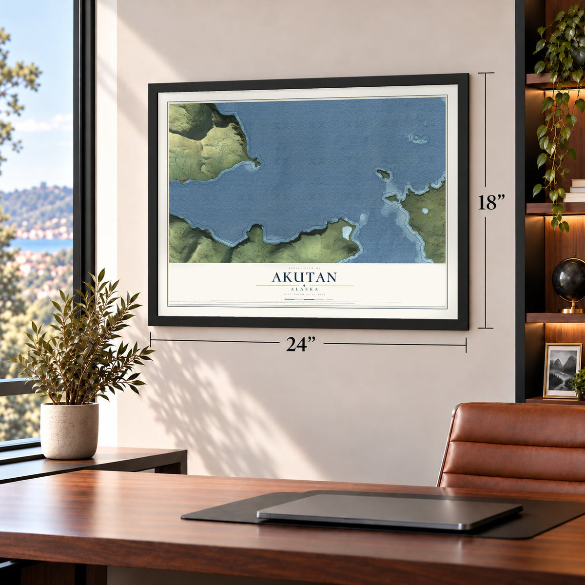 Akutan, Alaska map, 18 x 24 inch print in a black frame in a home office