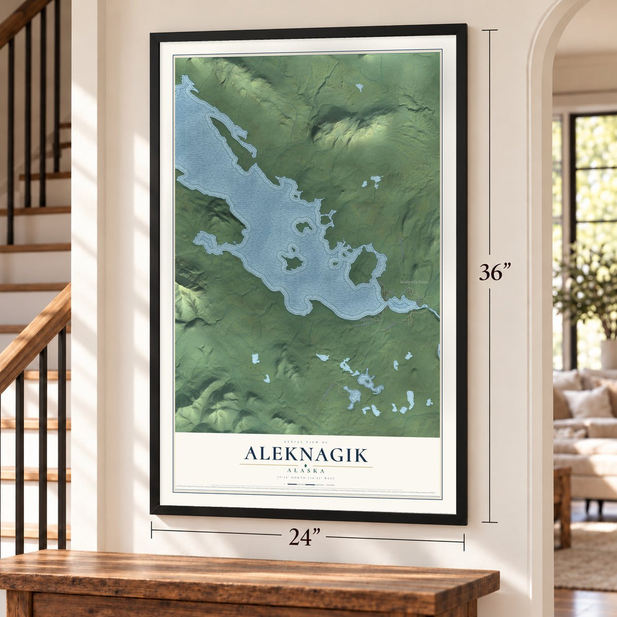 Aleknagik, Alaska map, 24 x 36 inch print in a black frame by a staircase