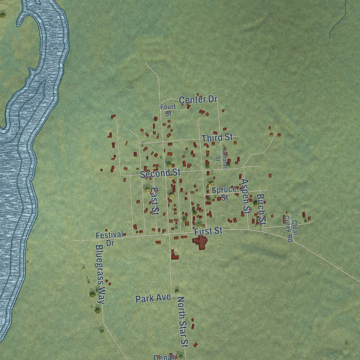 Close-up of the map of Anderson, Alaska print showing street and building detail