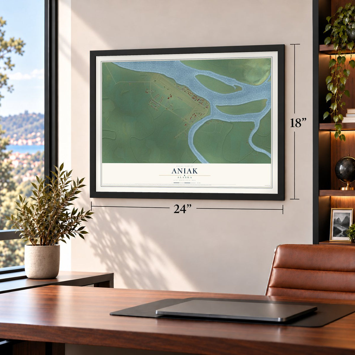 Aniak, Alaska map, 18 x 24 inch print in a black frame in a home office