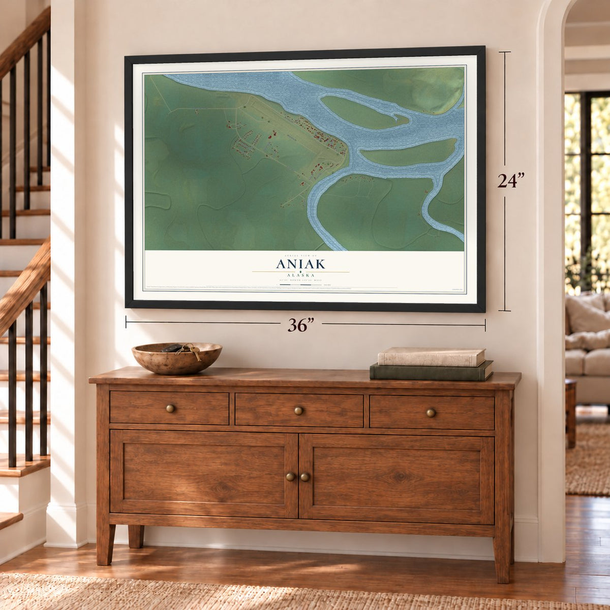 Aniak, Alaska map, 24 x 36 inch print in a black frame above a dresser by a staircase