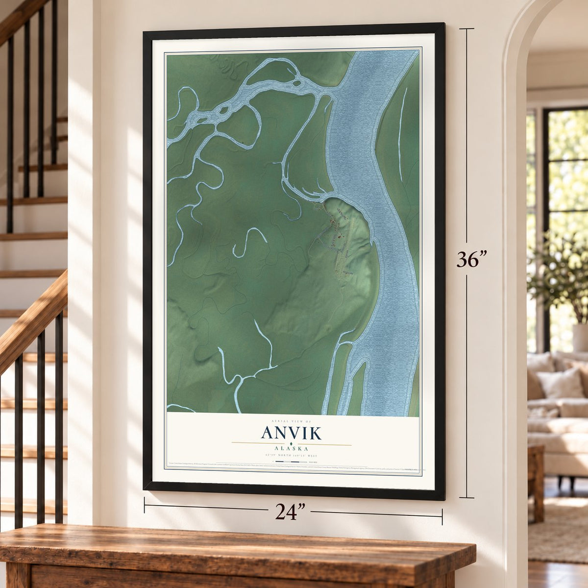 Anvik, Alaska map, 24 x 36 inch print in a black frame by a staircase
