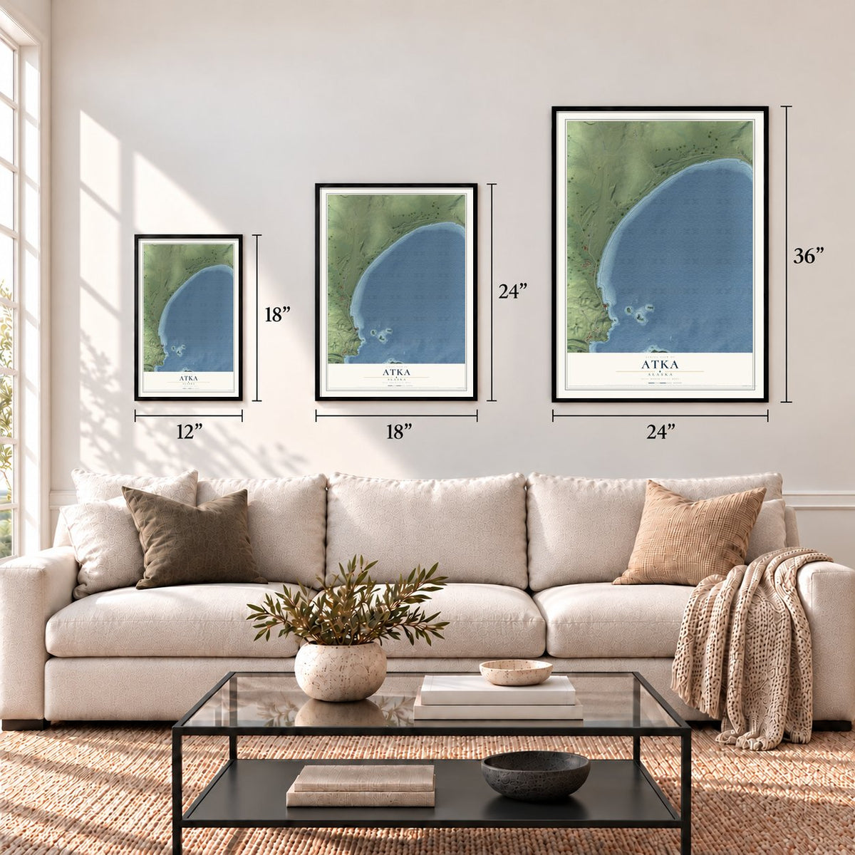 Atka, Alaska map in 12 x 18, 18 x 24 and 24 x 36 inch sizes above a sofa