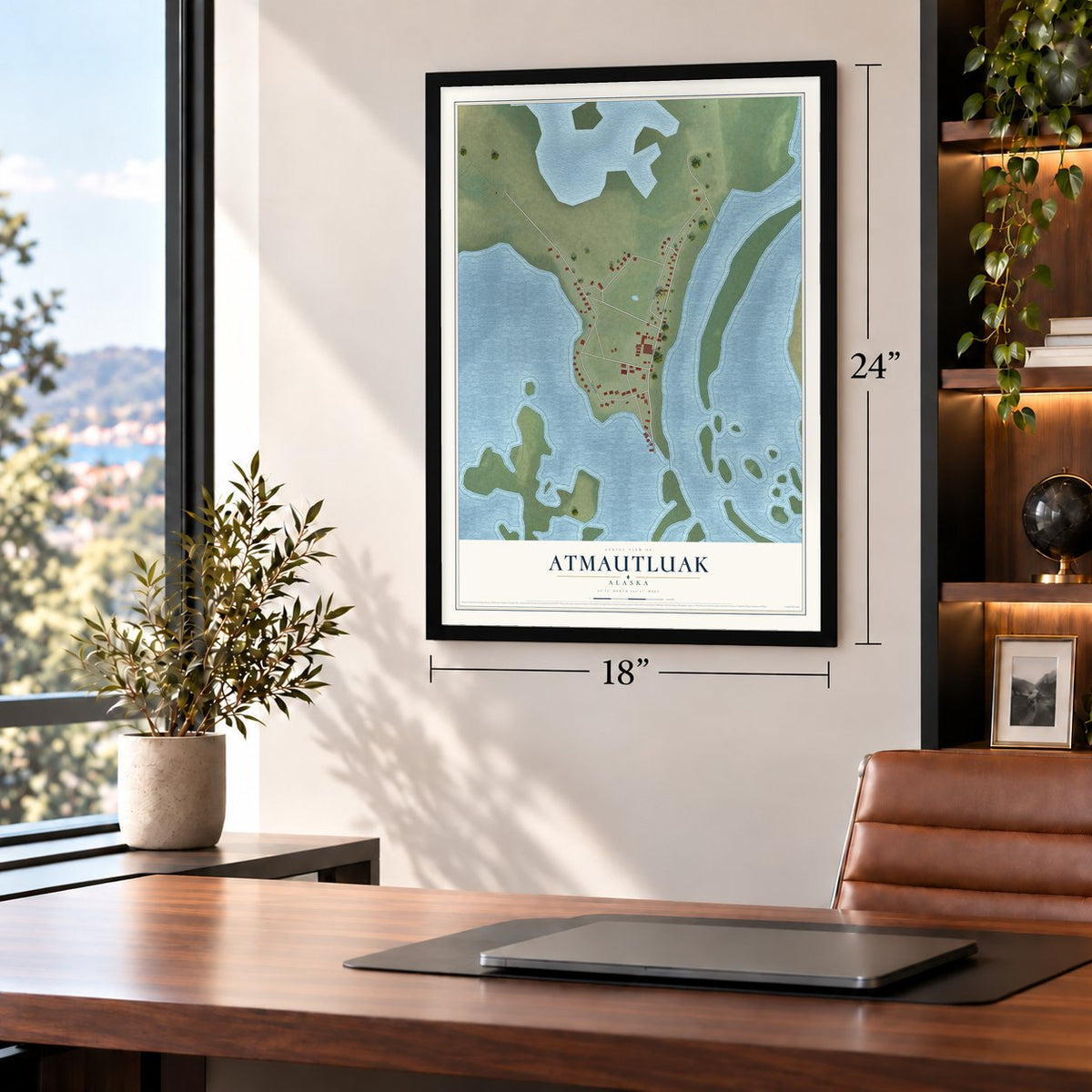 Atmautluak, Alaska map, 18 x 24 inch print in a black frame in a home office