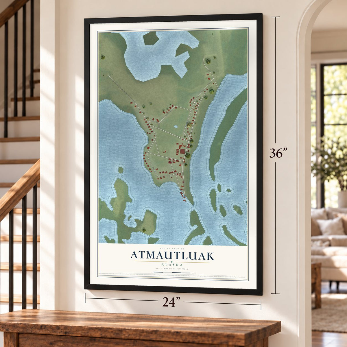 Atmautluak, Alaska map, 24 x 36 inch print in a black frame by a staircase