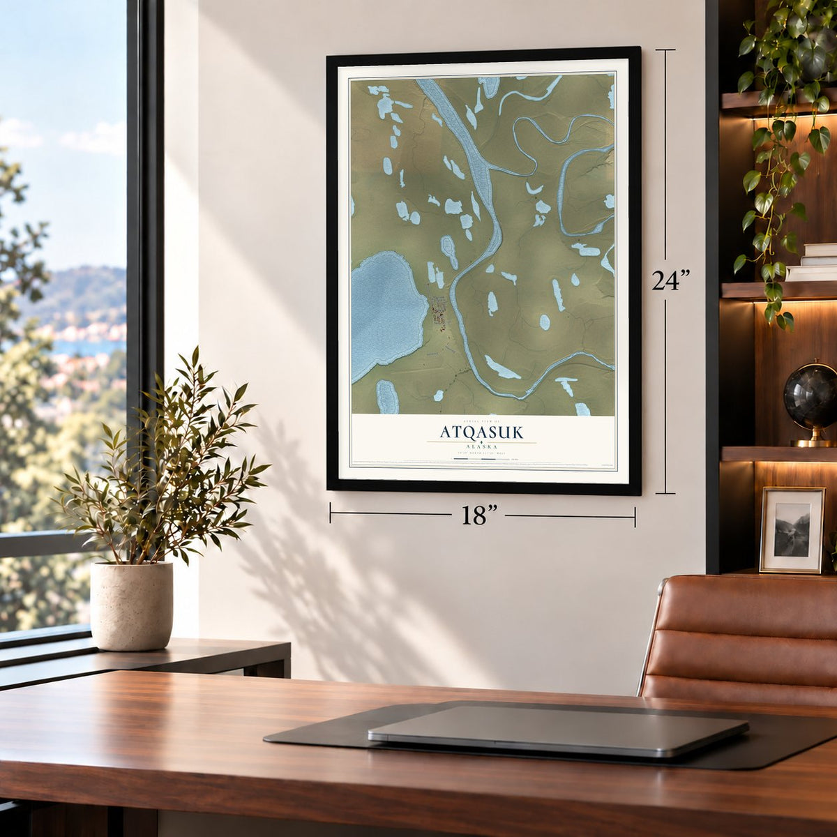 Atqasuk, Alaska map, 18 x 24 inch print in a black frame in a home office