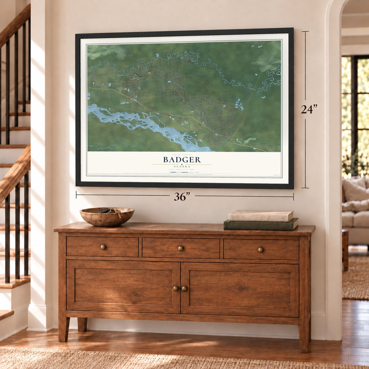 Badger, Alaska map, 24 x 36 inch print in a black frame above a dresser by a staircase