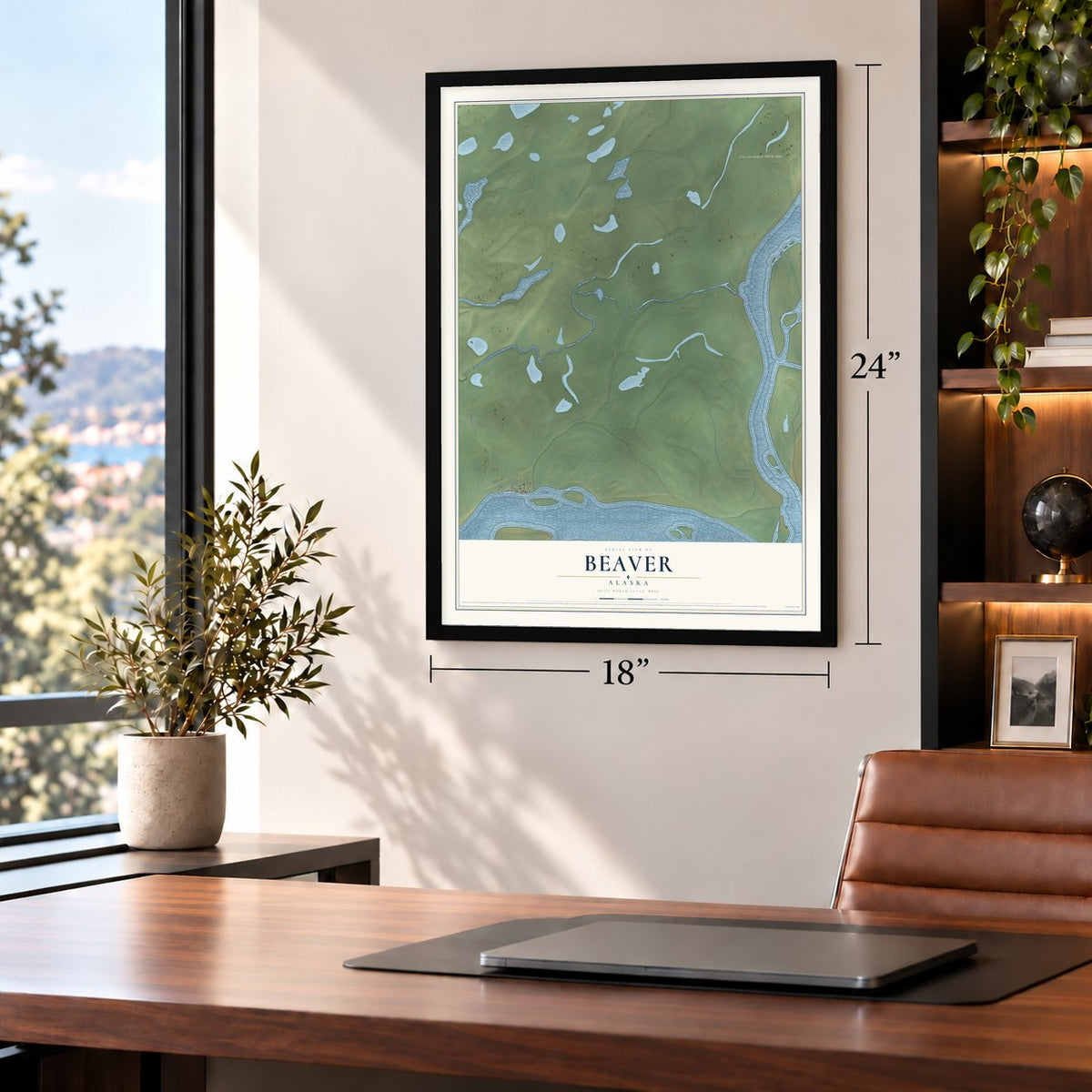 Beaver, Alaska map, 18 x 24 inch print in a black frame in a home office