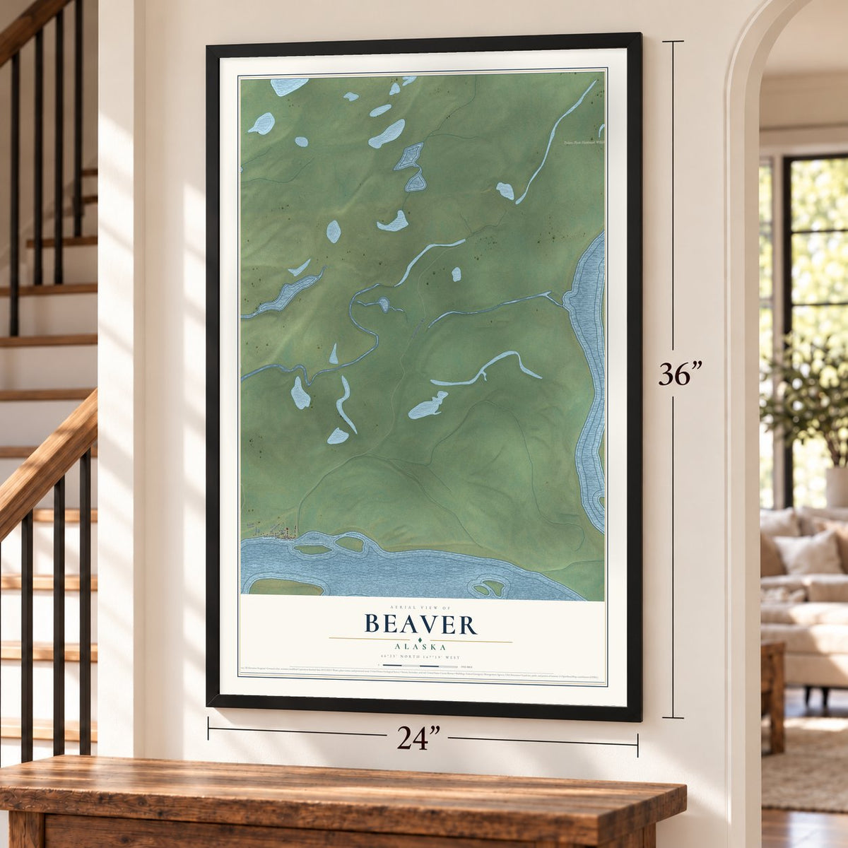 Beaver, Alaska map, 24 x 36 inch print in a black frame by a staircase