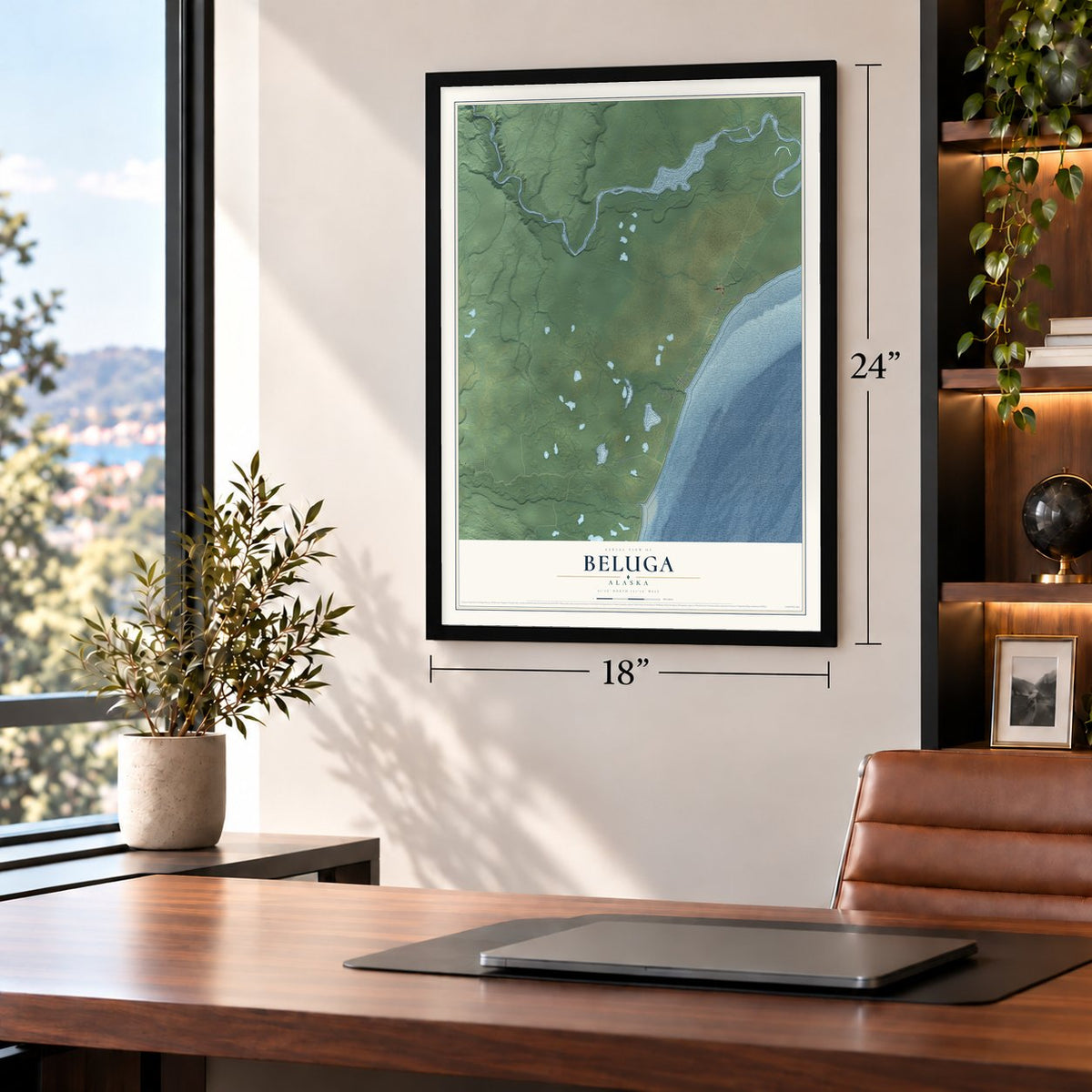Beluga, Alaska map, 18 x 24 inch print in a black frame in a home office