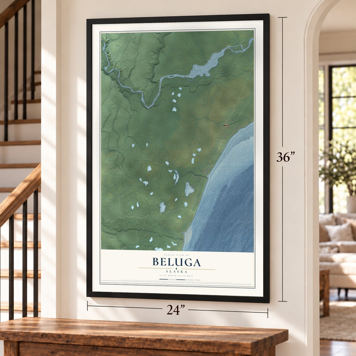 Beluga, Alaska map, 24 x 36 inch print in a black frame by a staircase