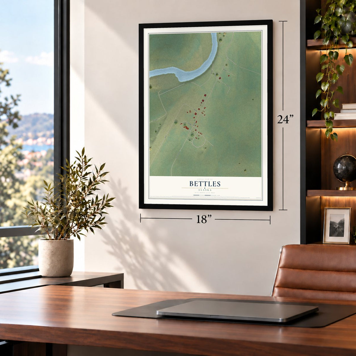 Bettles, Alaska map, 18 x 24 inch print in a black frame in a home office