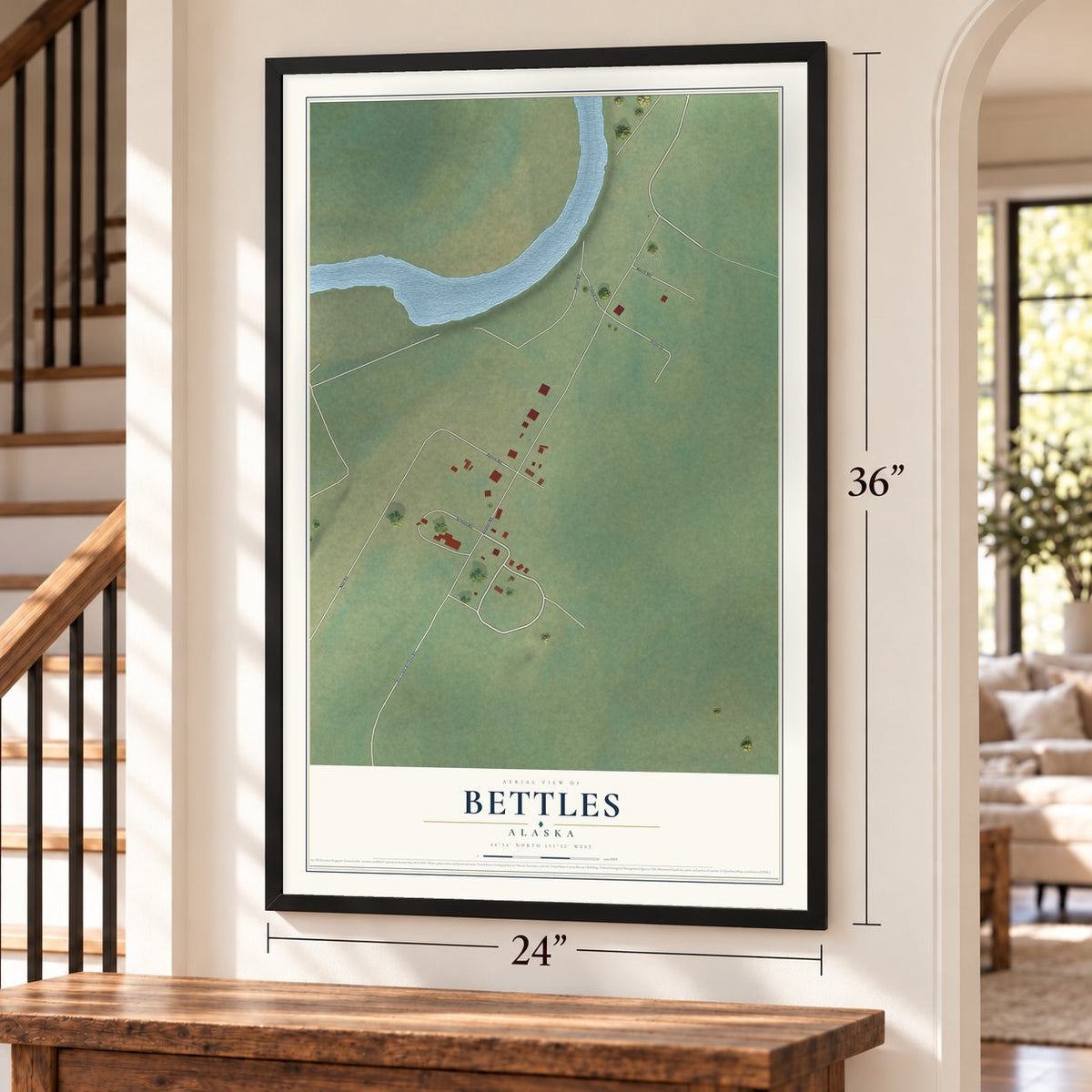 Bettles, Alaska map, 24 x 36 inch print in a black frame by a staircase