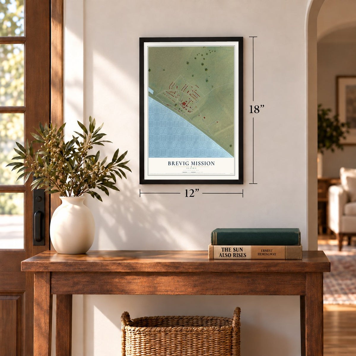 Brevig Mission, Alaska map, 12 x 18 inch print in a black frame in an entryway
