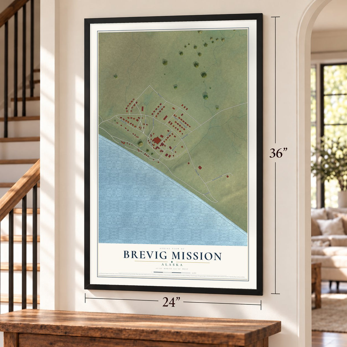 Brevig Mission, Alaska map, 24 x 36 inch print in a black frame by a staircase