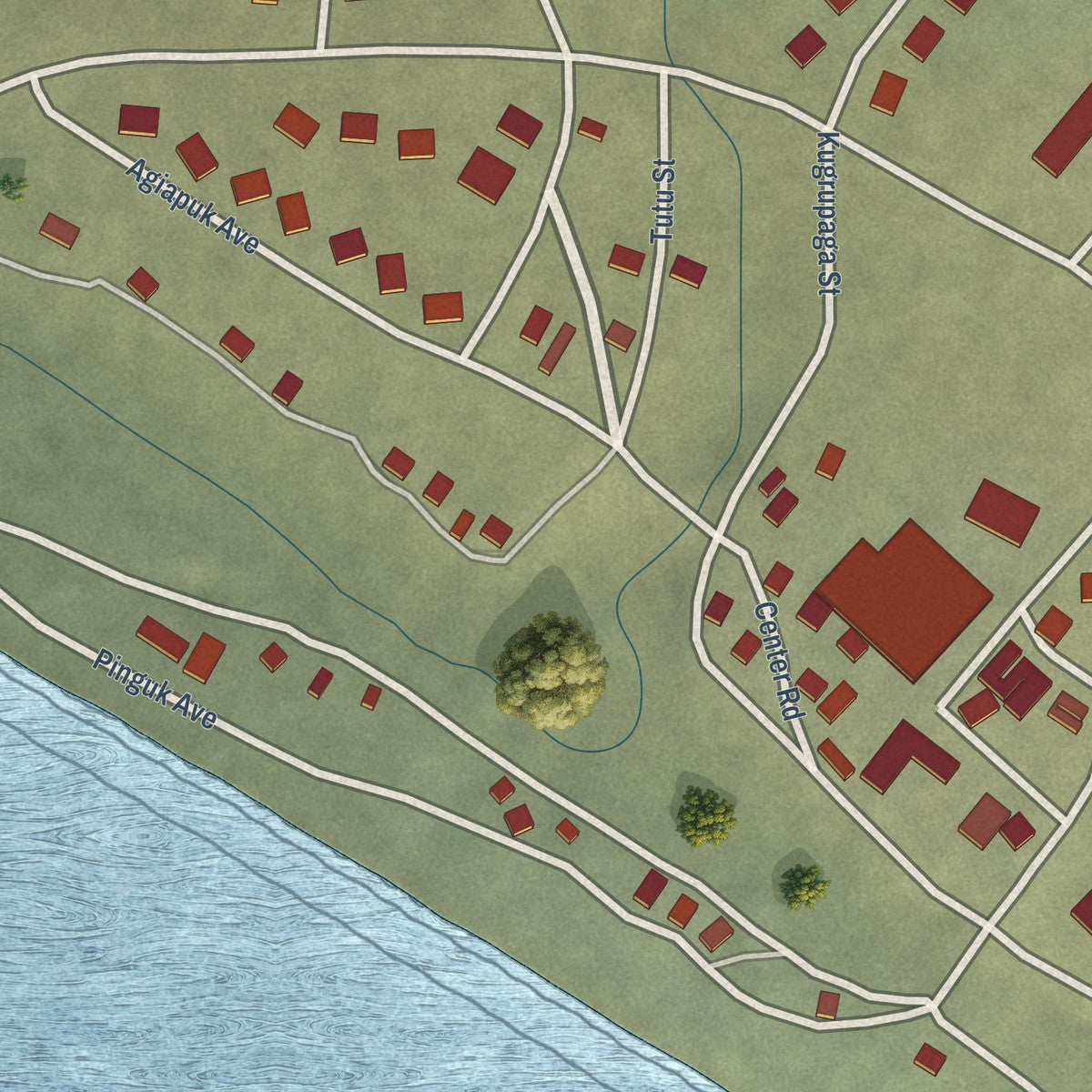 Close-up of the map of Brevig Mission, Alaska print showing street and building detail