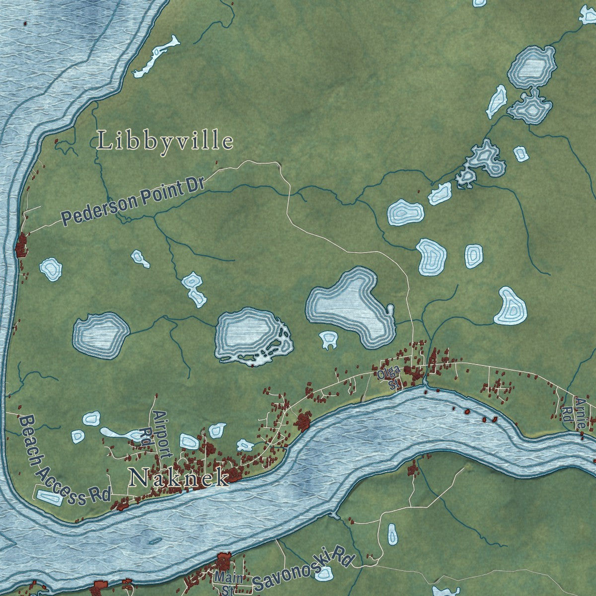 Close-up of the map of Bristol Bay, Alaska print showing street and building detail