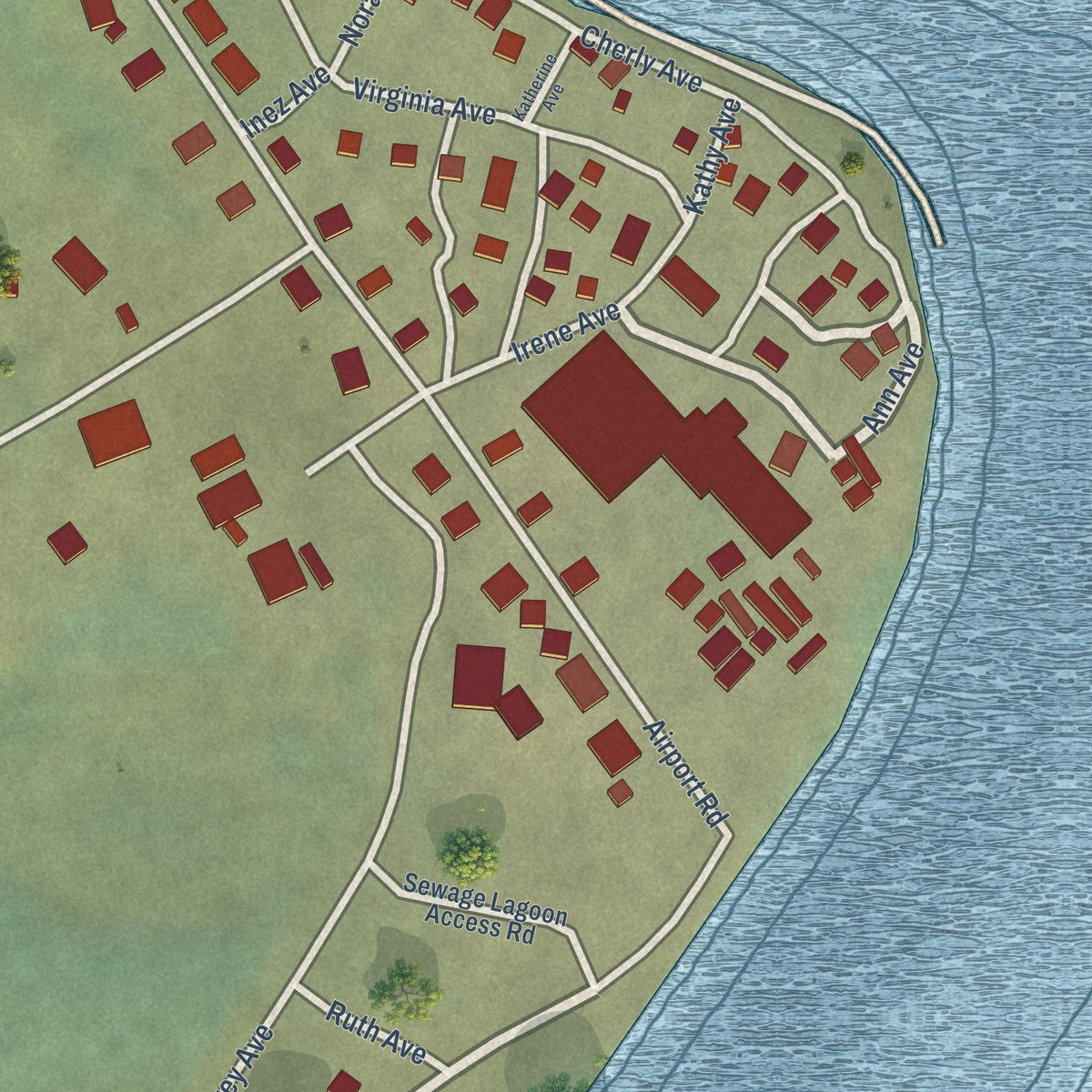 Close-up of the map of Buckland, Alaska print showing street and building detail
