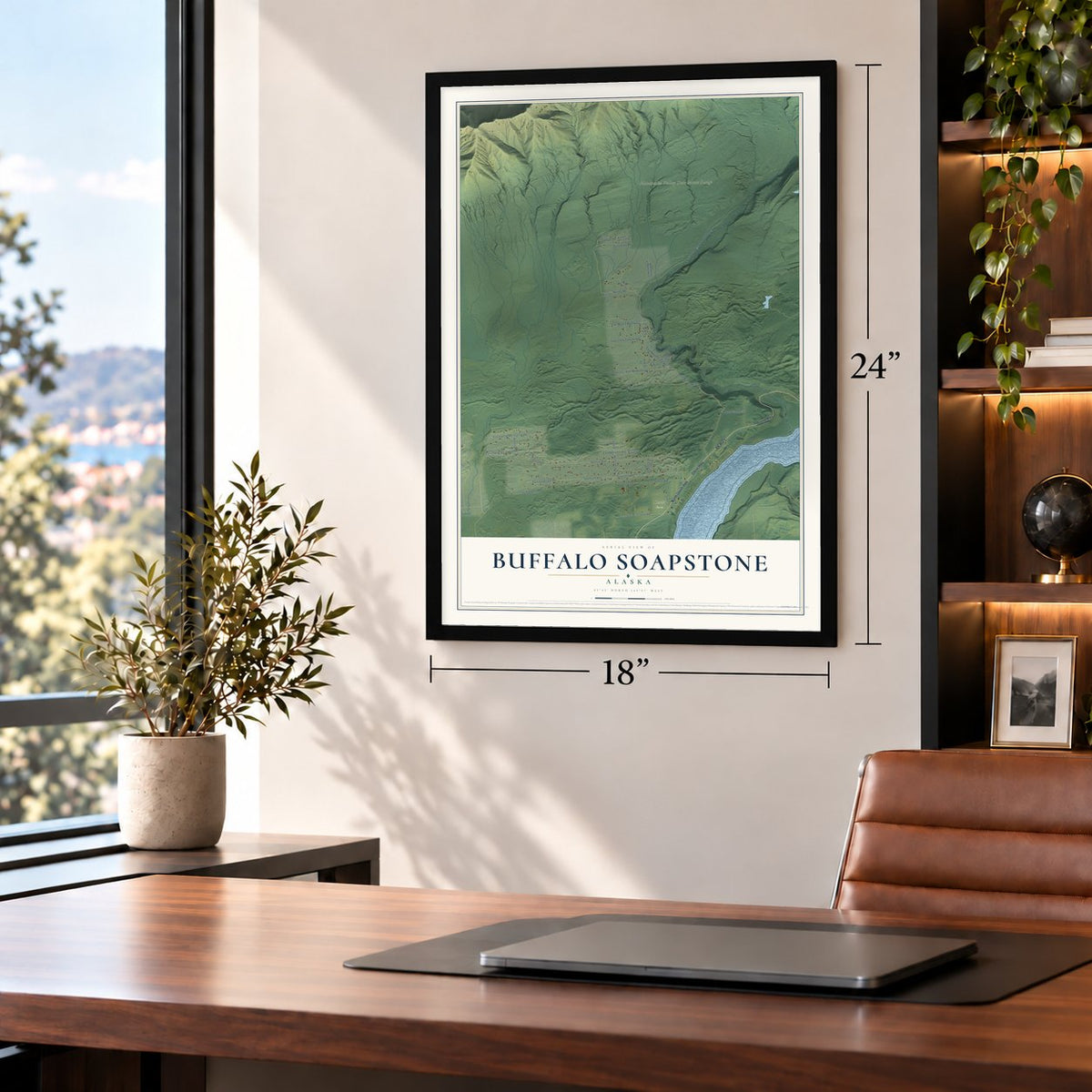 Buffalo Soapstone, Alaska map, 18 x 24 inch print in a black frame in a home office